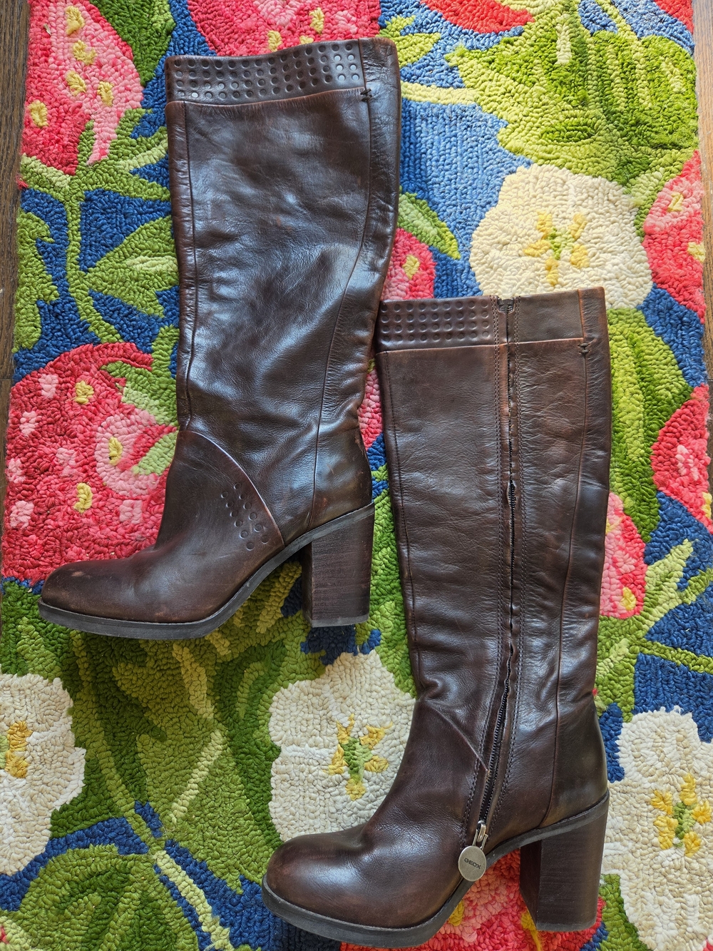 Geox Dark Brown Leather Knee-High Block Heel Boots